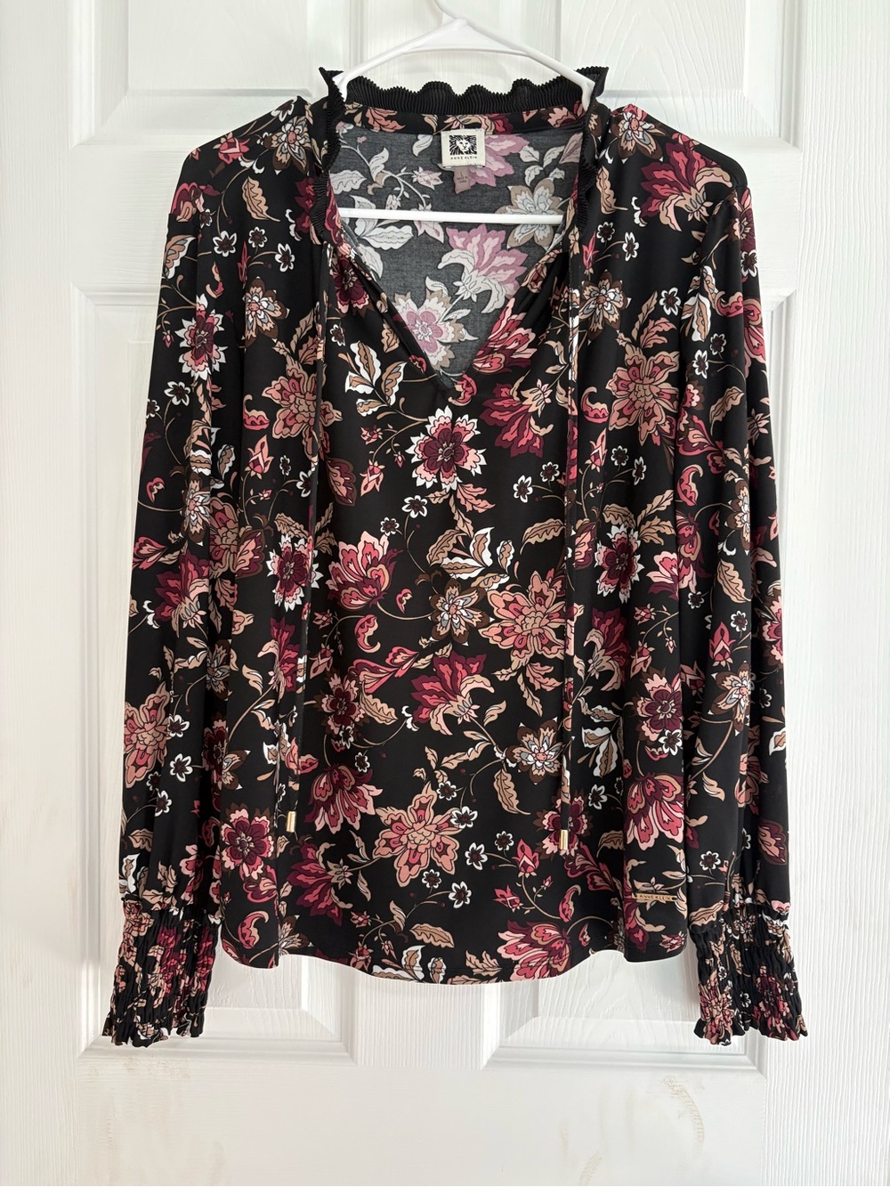 Anne Klein Black Floral V-Neck Blouse with Pink and Tan Accents